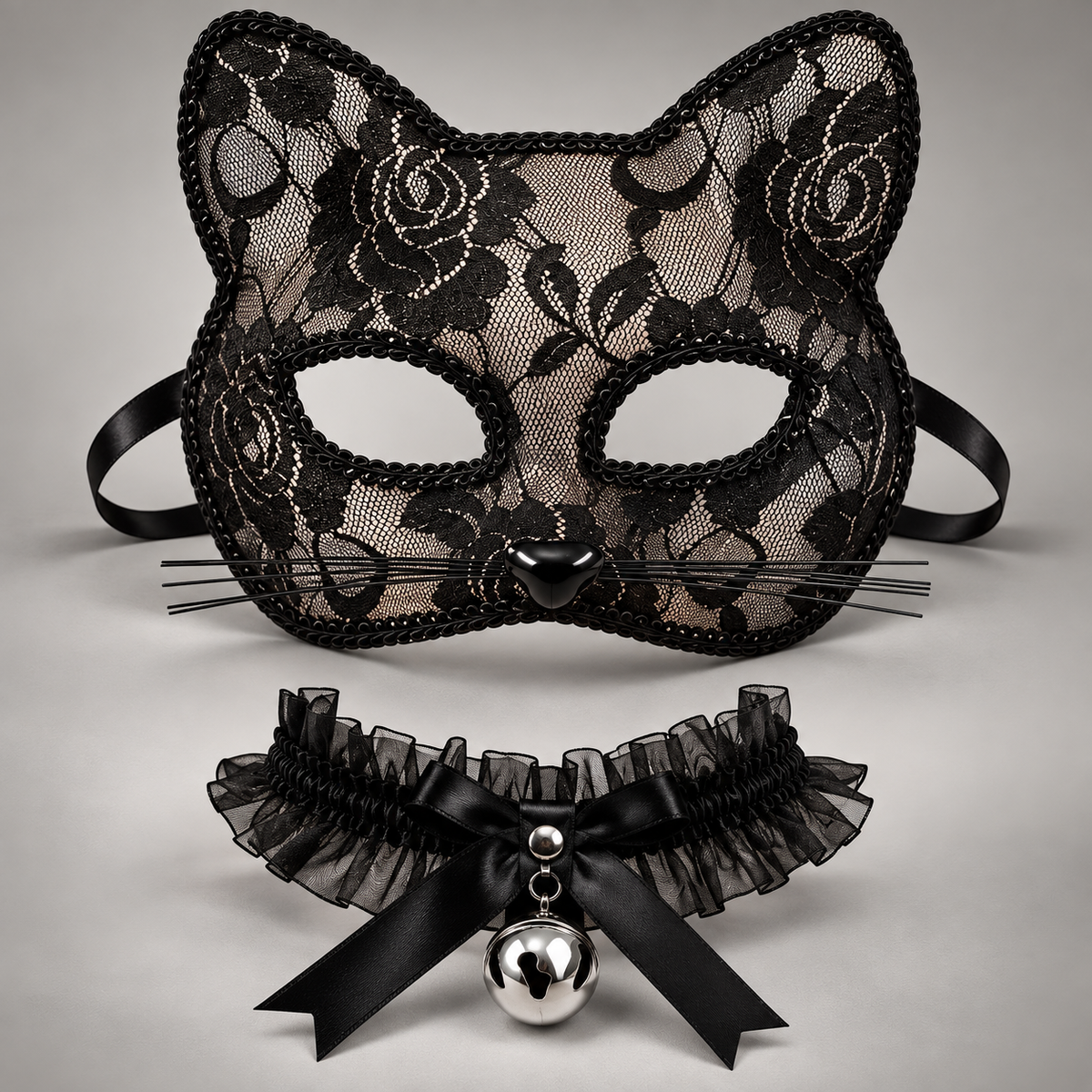 Midnight Kitty – Lace Cat Mask & Bell Choker