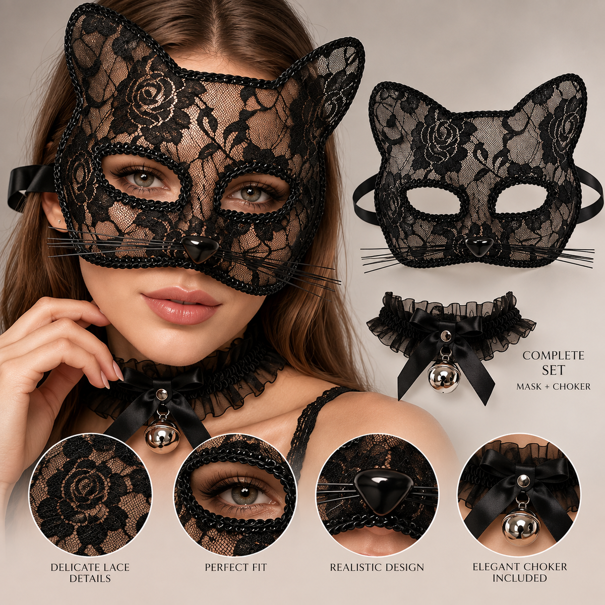Midnight Kitty – Lace Cat Mask & Bell Choker